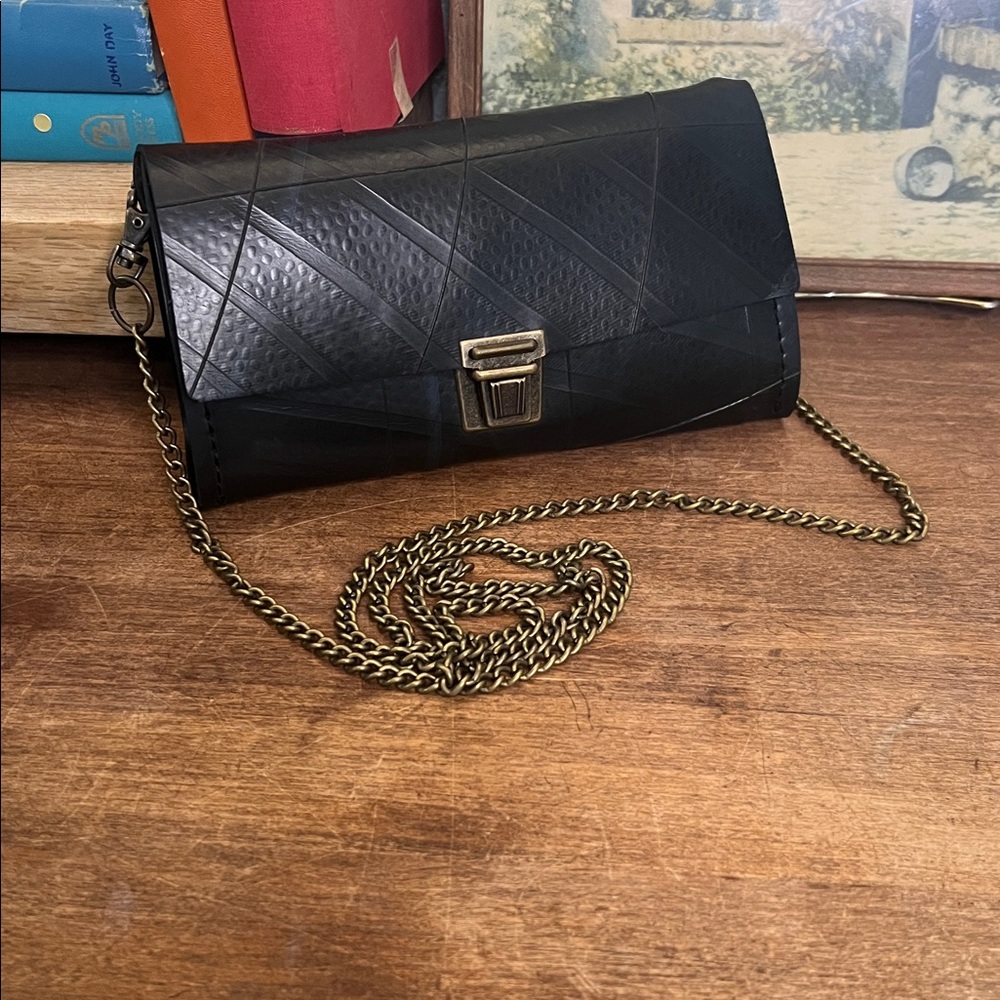 Recycled Black Rubber Clutch with crossbody chain